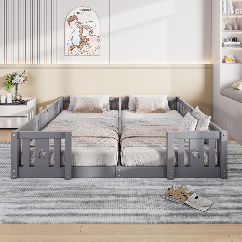 Lit Enfant Double 180x200 cm en Bois Massif, Lit Barreaux avec Motif Étoiles,Barrières de Sécurité Incluses,Sommier à Lattes,pour Chambre Enfant