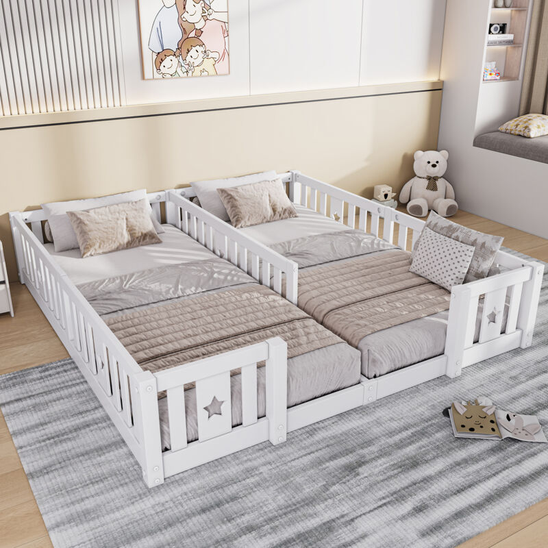 Lit Enfant Double 180x200 cm en Bois Massif, Lit Barreaux avec Motif Étoiles,Barrières de Sécurité Incluses,Sommier à Lattes,pour Chambre Enfant