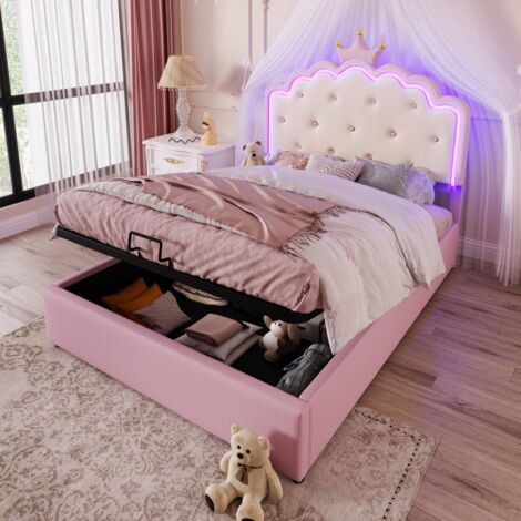 Lit enfant double capitonné 140x200 cm, princesse, sommier à lattes, rangement hydraulique, LED, rose (sans Matelas)