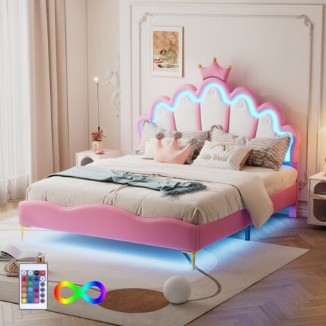 Lit enfant double couronne princesse 140x200, habillage cuir PU doux, éclairage LED magique réglable - Rose (sans Matelas)