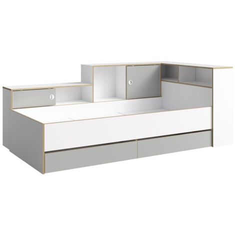 Lit enfant ELYO – 90x200 cm – Avec tiroirs, niches et étagères – Gris, blanc & chêne clair