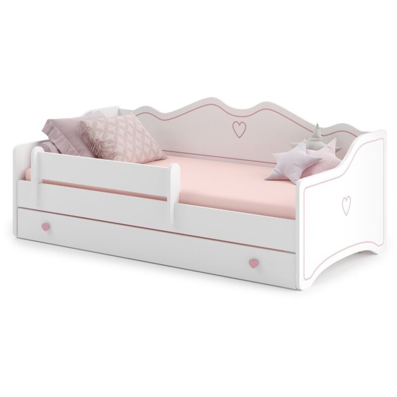Lit enfant EMY 160x80cm avec tiroir - rose - Avec Matelas - coeur