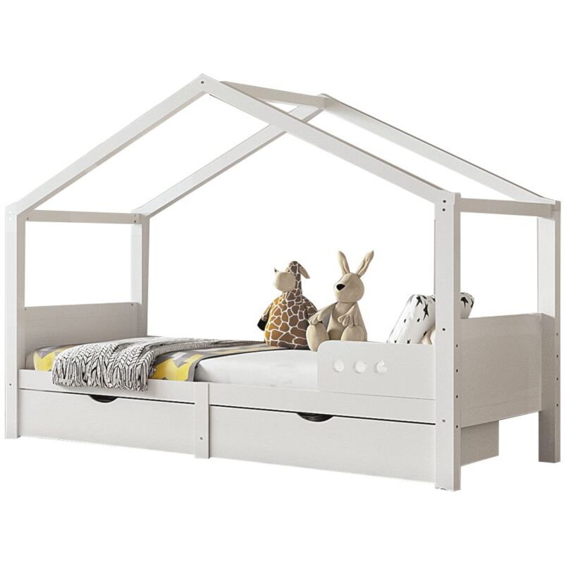 Gutent - Lit enfant en bois 90 x 200 cm avec deux tiroirs, sommier à lattes stable, sans matelas - blanc