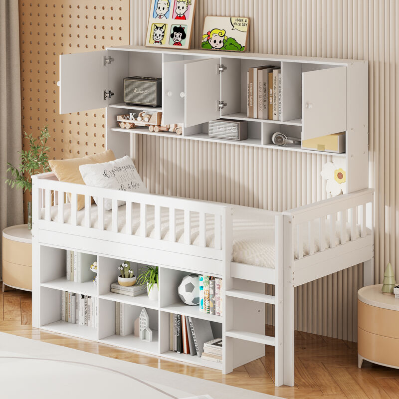 Redom - Lit enfant en bois 90200 cm, avec rangement, avec casiers et échelle de sécurité, lit simple, lit bébé, blanc