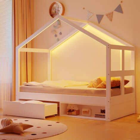 Lit enfant en bois 90x190cm tiroirs rangement LED multicolore sommier à lattes lit simple blanc chambre (sans Matelas)