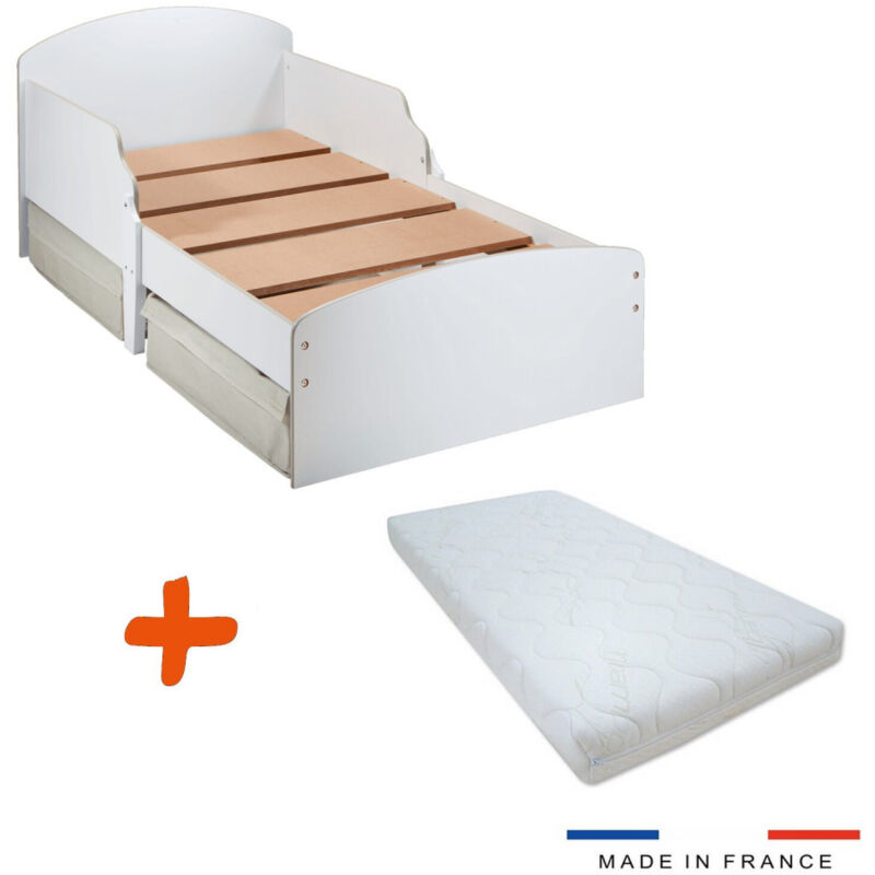 Lit enfant en bois avec tiroirs de rangement + Matelas couleur blanche 70 x 140 cm - Blanc
