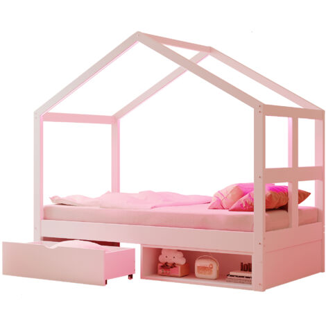 Lit enfant en bois blanc 90x190 cm avec tiroir, meuble à chaussures et bande lumineuse multicolore
