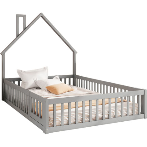 Lit enfant en bois de pin et MDF gris 140x200 cm avec barrières de sécurité, sommier à lattes inclus