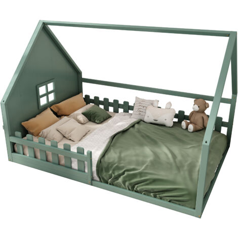 Lit enfant en bois de pin et MDF vert 140x200 cm, style cabane avec barrière, sommier non inclus