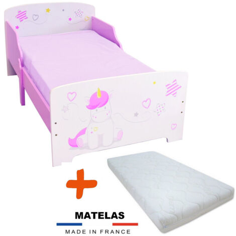 Lit enfant en bois Licorne 70 x 140 cm – Matelas déhoussable ignifugé 8 cm – Construction MDF résistante au feu – Pour chambre à thème – Bebegavroche