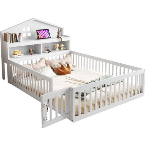 Lit enfant en bois massif blanc 140x200 cm, style cabane, avec rangement tête de lit, barrière/porte et sommier à lattes