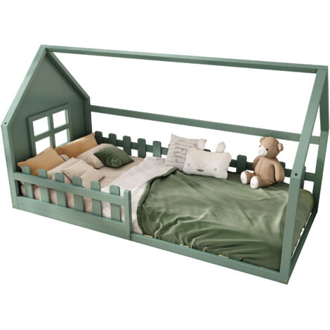 Lit enfant en bois pin/MDF vert 90x200 cm, forme maison, sommier à lattes inclus