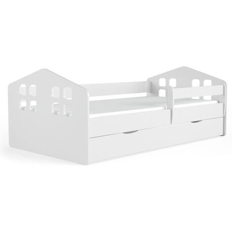 Lit enfant en forme de maison blanche Beno-Matelas mousse-Couchage 80x180 cm-Tiroirs Avec tiroir