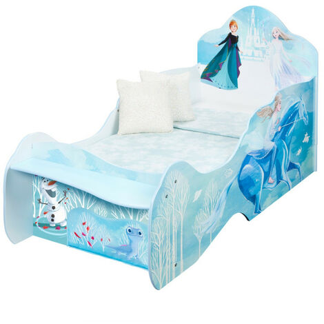 Lit enfant en forme de traîneau Disney La Reine des Neiges avec rangement en pied du lit - Bleu