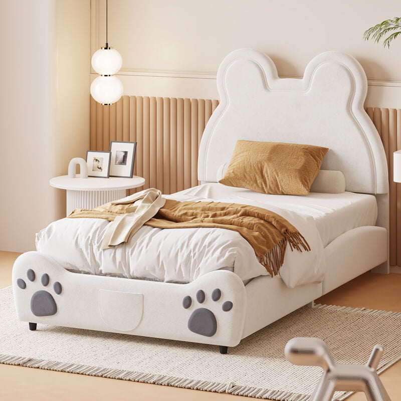 Hauss Spole - Lit enfant en forme d'ours mignon, lit pour garçons et filles, velours, 90 x 200 cm, lit simple, blanc