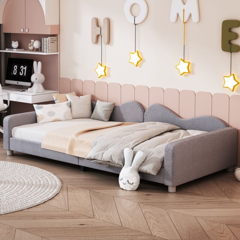Modernluxe - Lit enfant en peluche - lit canapé - sommier à lattes - 90x200cm - gris