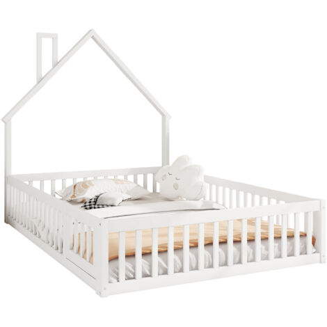 Lit enfant en pin et MDF blanc 140x200 cm avec barrières de sécurité, forme cheminée, sommier à lattes inclus