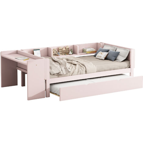 Lit enfant en pin massif/MDF rose 90x200 cm avec lit gigogne, bureau et 3 étagères latérales