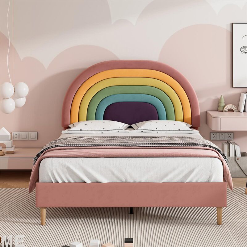 Modernluxe - Lit enfant en velours - 140x200cm - avec tête réglable colorée - Rose