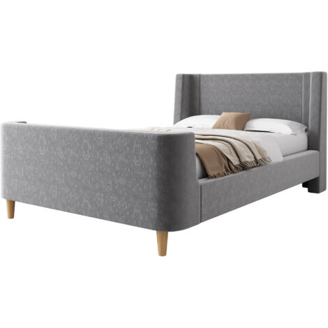 Lit enfant en velours gris 90x200 cm, lit traîneau motif espace, sommier à lattes inclus