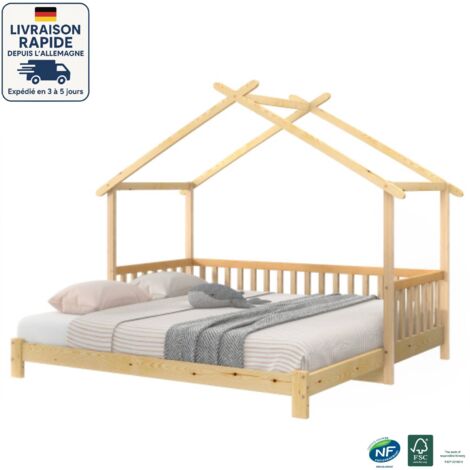 Lit enfant extensible 200x90 cm, bois naturel, simple ou double, en forme de maison, sans matelas, couleur bois naturel - Bois Certifié PEFC