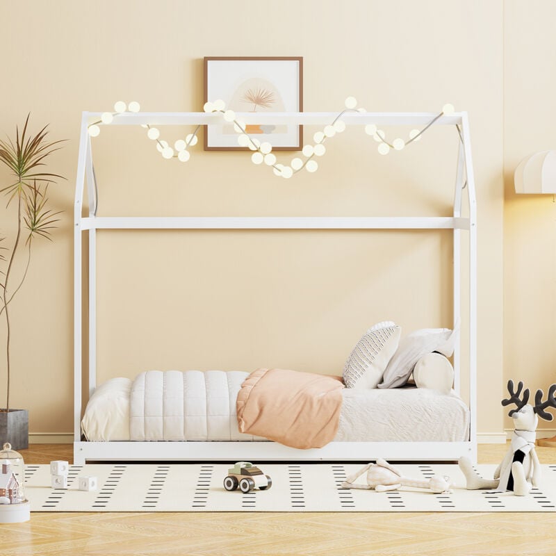 Lit enfant extensible, canapé-lit 90/180 x 190 cm, cadre de lit en bois massif avec sommier à lattes, lit simple, lit d'appoint, blanc