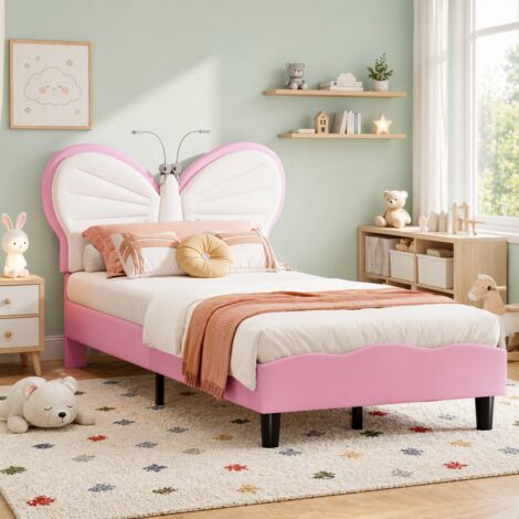 Lit Enfant Fille 90x190 cm avec 2 Lampe de Lecture, Lit Simple avec Tête de Lits rembourré réglable en Forme de Papillon, Lit 1 Personne, PU + Velours, Blanc + Rose