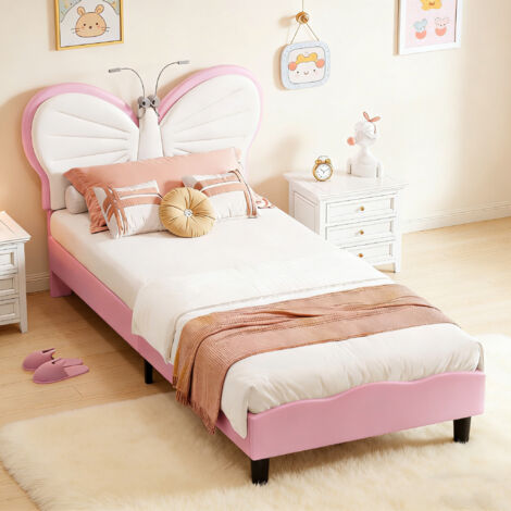 Lit Enfant Fille 90x190CM avec LED, Tête de Lits Réglable en Hauteur en Forme de Papillon, Cadre de Lit Princesse Simple,Sommier à Lattes,Velours et PU,Rose