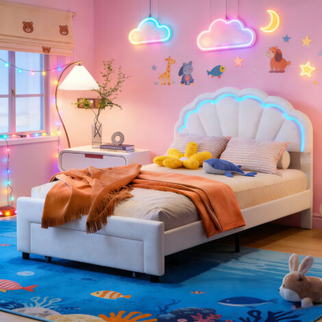 Lit Enfant Fille 90x200 avec Éclairage LED, Lit Simple Rembourré avec Tiroir de Rangement, Tête de Lits Réglable en Hauteur en Forme de Couronne, Sommier à Lattes en Métal et Bois, Lits 1 Personne pou