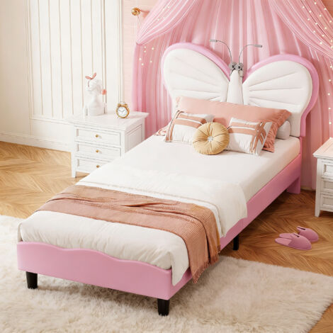 Lit Enfant Fille 90x200CM avec LED, Tête de Lits Réglable en Hauteur en Forme de Papillon, Cadre de Lit Simple,Sommier à Lattes,Velours et PU,Rose
