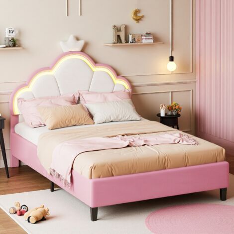 Lit Enfant Fille 90x200cm,Lit Princesse en Forme de Couronne,Lit Adolescente Fille avec Sommier, Lit Couronne Princesse avec LED,Velour, Rose+Blanc