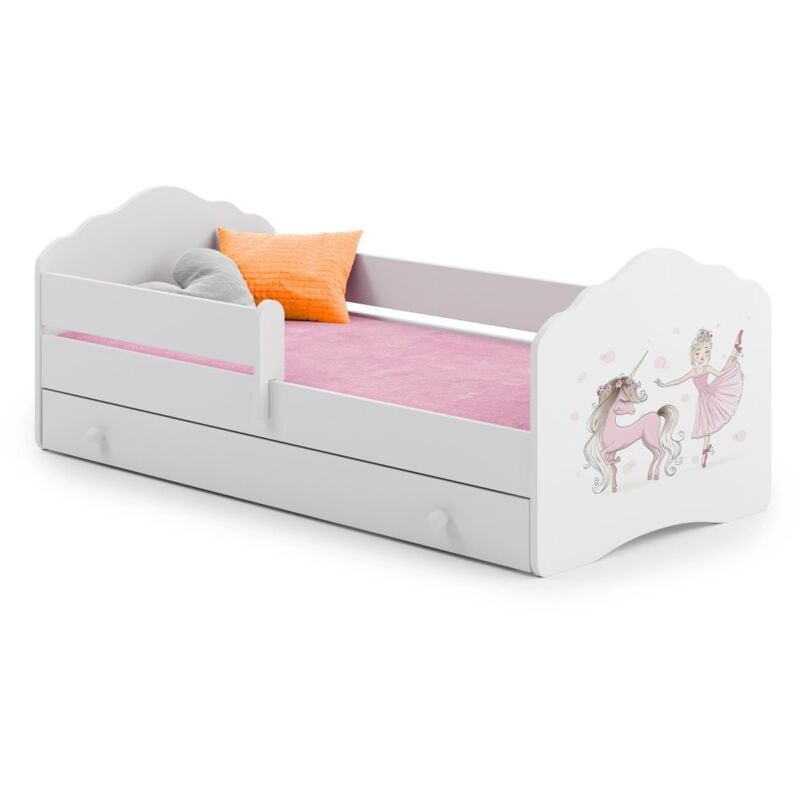 Lit enfant FIONA avec tiroir balustrade et matelas inclus - Princesse et licorne roses - 140 cm x 70 cm