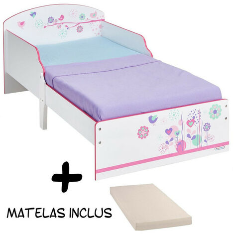 Lit enfant Fleurs et Oiseaux + Matelas - Rose