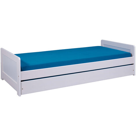 Lit enfant gigogne 90 x 200 cm en pin massif coloris blanc - Longueur 208 x Profondeur 96 x Hauteur 52 cm -PEGANE-