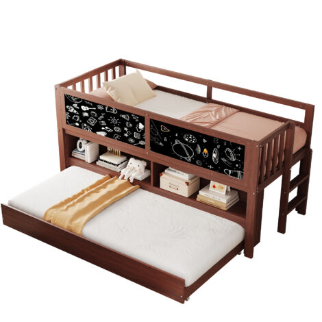 Lit Enfant Gigogne, 90x200cm, Avec échelle d'escalade, espace de rangement ouvert,bois massif,Marron