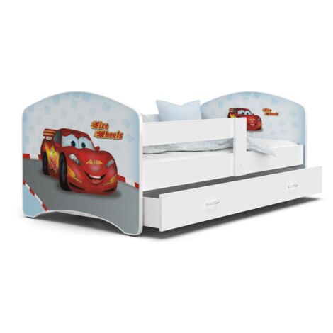 Lit Enfant Happy 80x160 Cars Blanc Livré avec sommiers, tiroir et matelas en mousse de 7cm