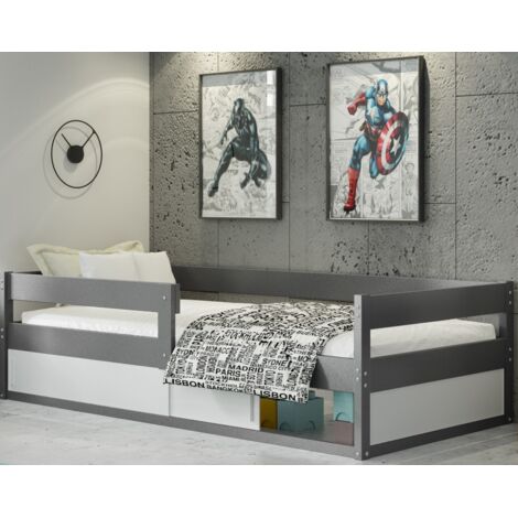 Lit enfant Hugo 86x165 cm – Barrière de sécurité installable – Bois massif en pin certifié FSC – Compartiment de rangement coulissant