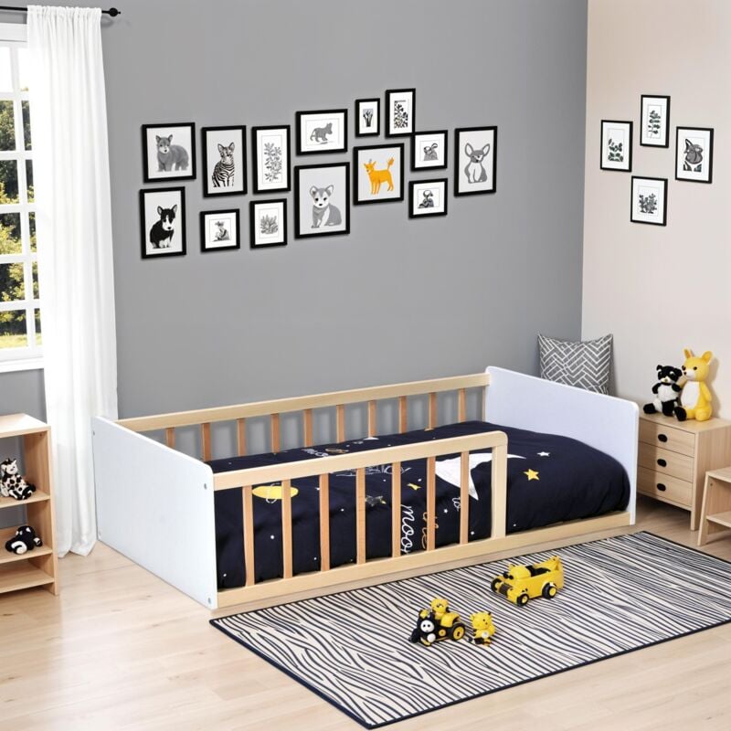 Terre De Nuit - Lit enfant inspiration Montessori au sol à barreaux naturel et blanc 70x140