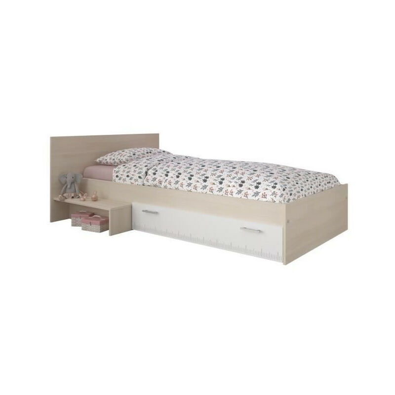 Lit enfant l 90 x L 190 cm - Décor acacia et blanc tiroir - Contemporain - CHARLEMAGNE