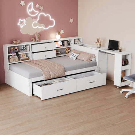 Lit enfant - lit 90x200 cm avec 2 grands tiroirs, prise et bureau escamotable - en bois - blanc - sans matelas