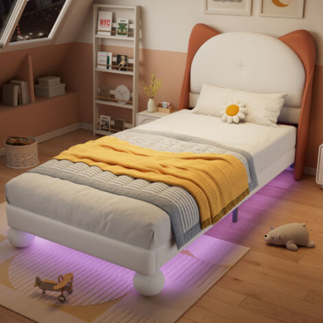 Lit enfant - lit 90x200 cm - tête de lit oreilles de chat, bande LED - PU beige - sans matelas