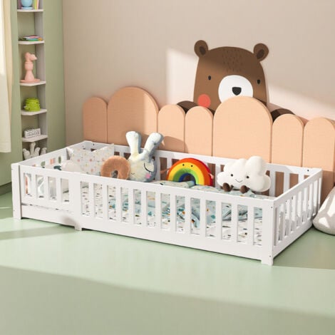 SUREH Lit Enfant lit au Sol 90x200 cm d'inspiration Montessori,avec barrières de Protection,Lit à barreaux Enfants,en pin Massif lasuré,sommier à lattes,Lit Simple en garçon Fille