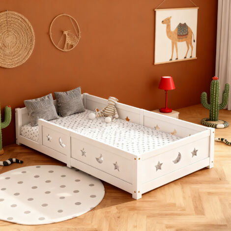 Lit Enfant Lit au Sol 90x200cm - Lit Cabane Montessori avec Sommier en Bois Massif - Barrières de Sécurité en Motif étoiles et Lune - 1 Personne - Blanc