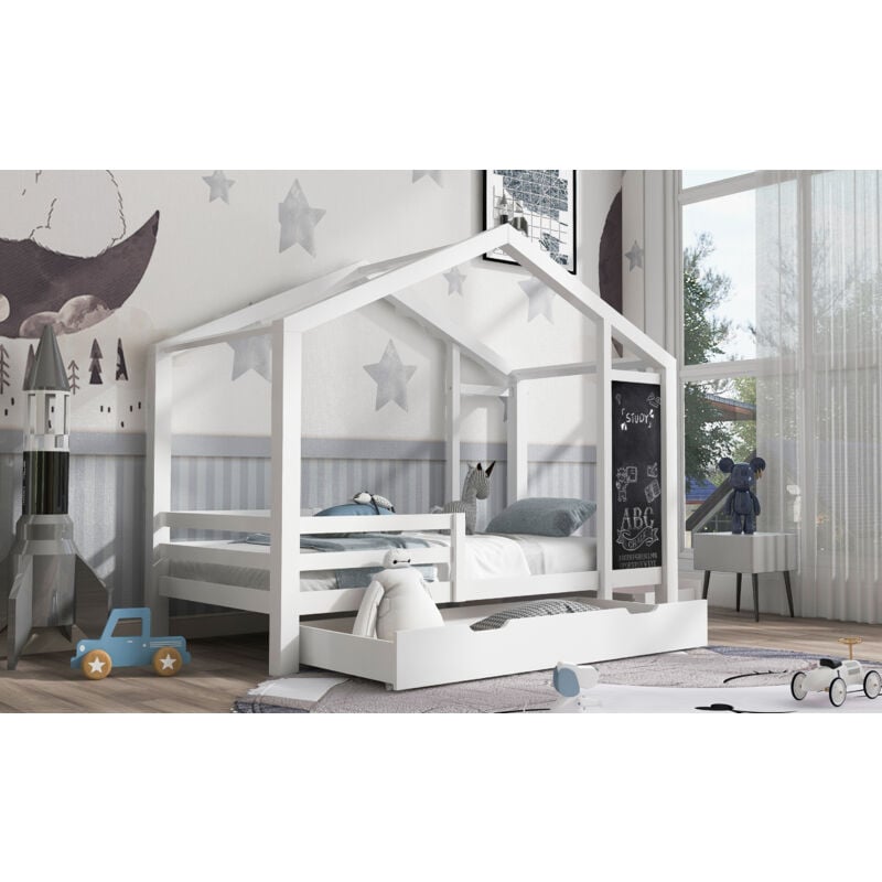 Lit cabane enfant en bois Blanc 90 x 200 cm avec 2 tiroirs, tableau noir, clôture et sommier à lattes, (sans matelas)