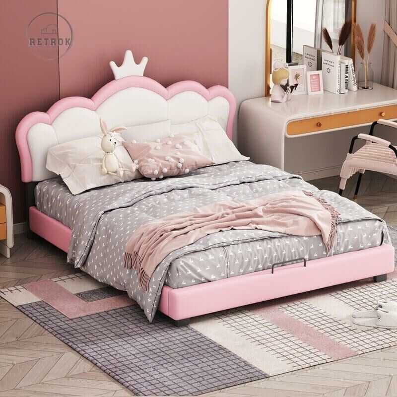 Retrok - Lit enfant lit capitonné 140x200cm avec sommier à lattes et dossier, lit fille avec moulure couronnée, rose (matelas non inclus)