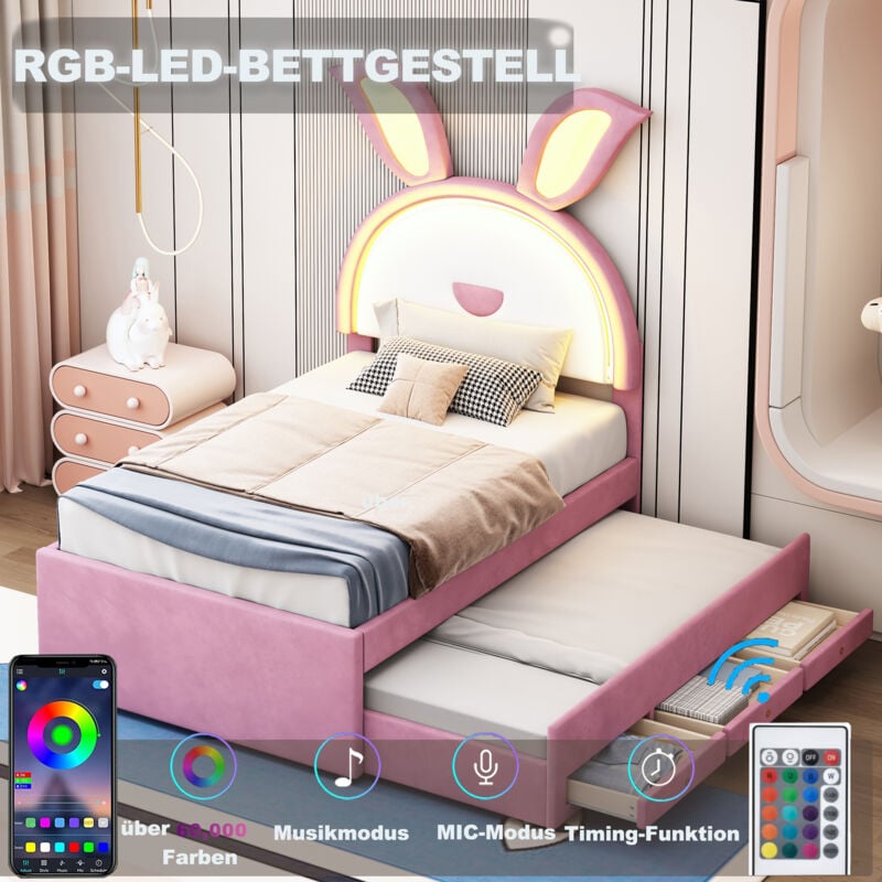 Redom - Lit enfant rembourré 90 x 200 cm, led Lit simple avec lit gigogne et tiroir, 2x sommiers à lattes, velours, Rose, sans matelas