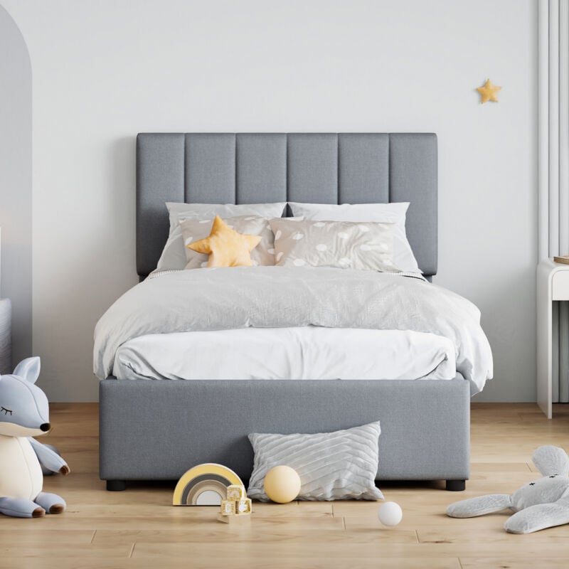 Okwish - Lit coffre 90x200 cm lit simple avec espace de rangement hydraulique, tissu en lin, gris, sans matelas