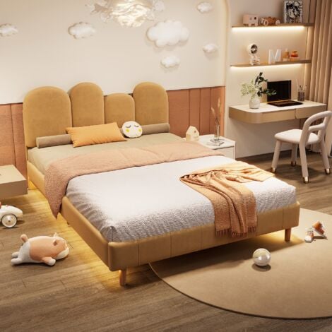 WISHDOR Lit enfant Lit double Lit capitonné 140 x 200 cm avec tête de lit en forme de pouce et LED, sommier à lattes en bois, velours, kaki