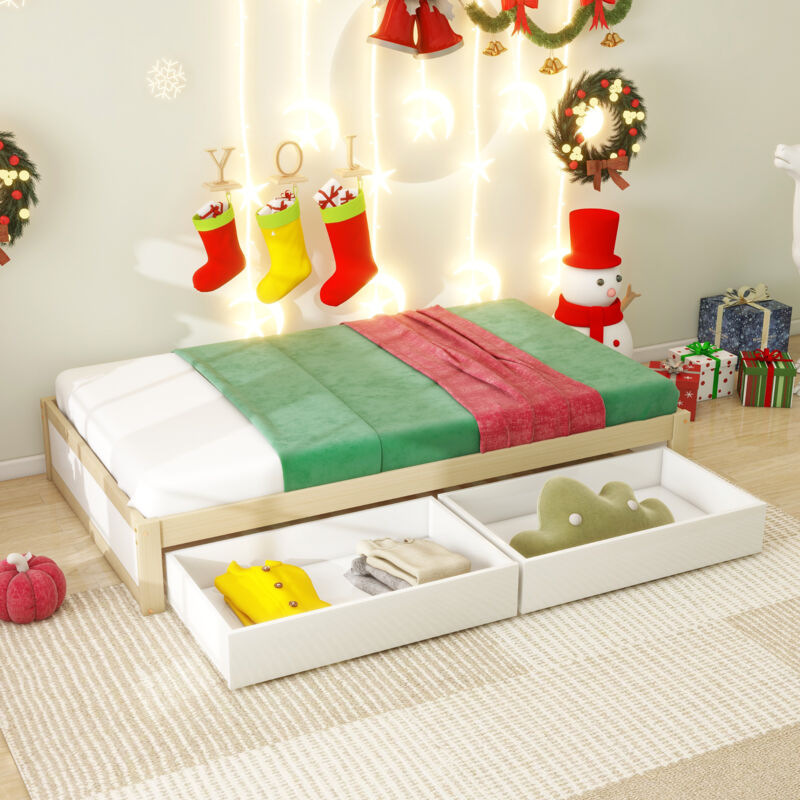 Okwish - Lit enfant lit en bois massif 90X200 avec 2 tiroirs et sommier à lattes. Lit simple moderne en bois avec coffre de lit.