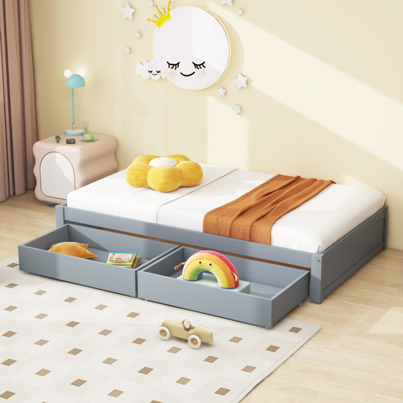 Lit enfant lit en bois massif 90X200 avec 2 tiroirs et sommier à lattes Lit simple moderne en bois avec coffre de lit gris (Ancien SKU:WF321575AAG)